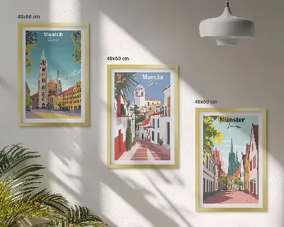 Europeiska städer i färgteckningar tavelset med ramar