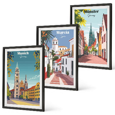 Tavelpaket med ramar Europeiska städer i färgteckningar