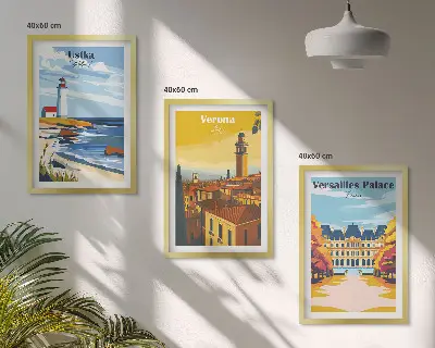 Set om 3 tavlor utsikt över kuststad vid havet