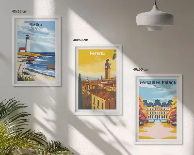 Set om 3 tavlor utsikt över kuststad vid havet
