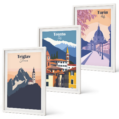 Tavelset ovanför soffa Bergarkitektur retro illustrationer