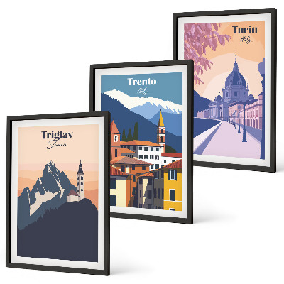 Tavelset ovanför soffa Bergarkitektur retro illustrationer