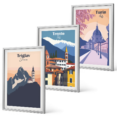 Tavelset ovanför soffa Bergarkitektur retro illustrationer