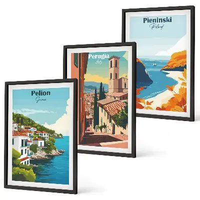 Pittoreska retrolandskap set om 3 tavlor