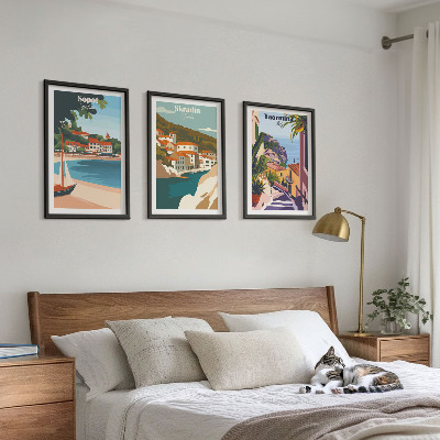 Tavelset ovanför soffa Illustrationer av kuststaden