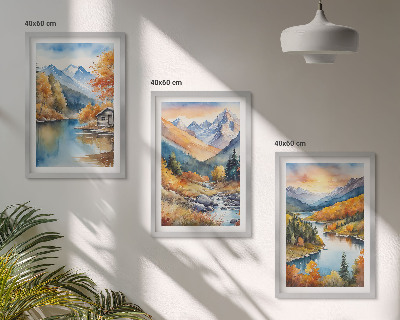 Tavelpaket med ramar Bergslandskap flod höst