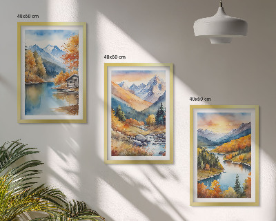 Tavelpaket med ramar Bergslandskap flod höst