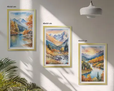 Tavelset med ramar bergslandskap med flod i höstfärger