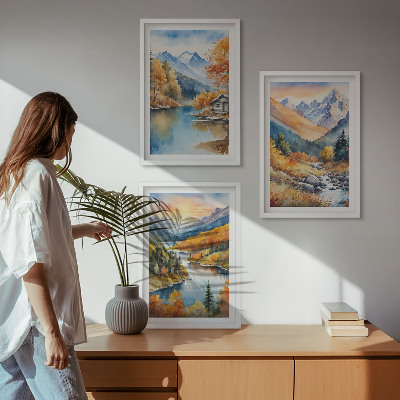 Tavelpaket med ramar Bergslandskap flod höst