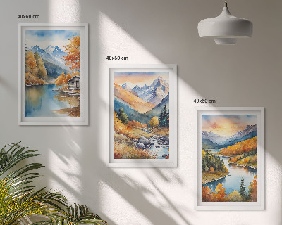 Tavelpaket med ramar Bergslandskap flod höst