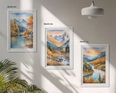 Tavelset med ramar bergslandskap med flod i höstfärger