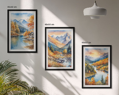 Tavelpaket med ramar Bergslandskap flod höst