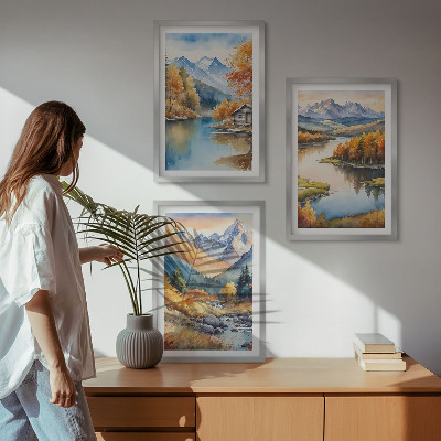 Set om 3 tavlor Bergsfloder höstträd