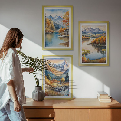 Set om 3 tavlor Bergsfloder höstträd