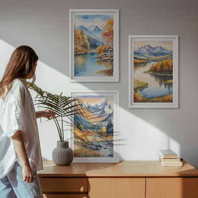 Set om 3 tavlor Bergsfloder höstträd