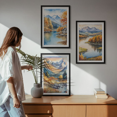 Set om 3 tavlor Bergsfloder höstträd