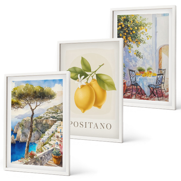Set om 3 tavlor Utsikt över Positano med citroner