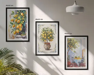 Tavla med citronträd och sol set till vägg ovanför soffa