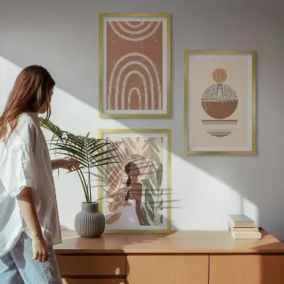 Tavelset med växtmönster och geometri set om 3 tavlor
