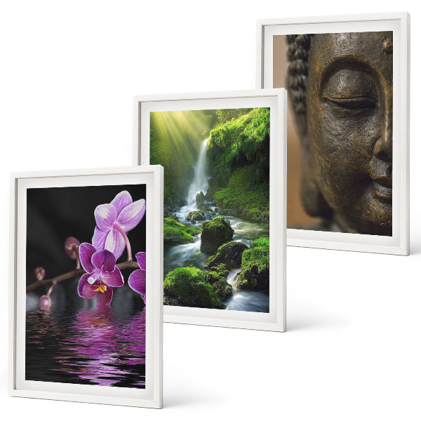 Tavelpaket med ramar Blommor vattenfall Buddha sten Zen