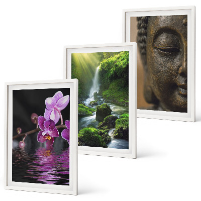 Tavelpaket med ramar Blommor vattenfall Buddha sten Zen