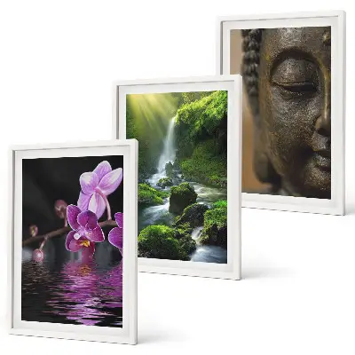 Tavelset med ramar motiv med blommor, vattenfall, Buddha och zenstenar