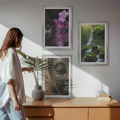 Tavelpaket med ramar Blommor vattenfall Buddha sten Zen