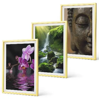 Tavelset med ramar motiv med blommor, vattenfall, Buddha och zenstenar