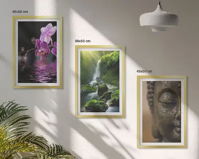 Tavelset med ramar motiv med blommor, vattenfall, Buddha och zenstenar