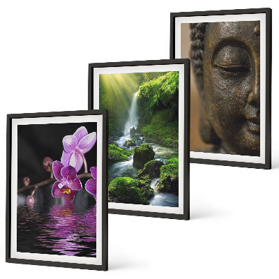 Tavelpaket med ramar Blommor vattenfall Buddha sten Zen