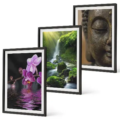 Tavelset med ramar motiv med blommor, vattenfall, Buddha och zenstenar