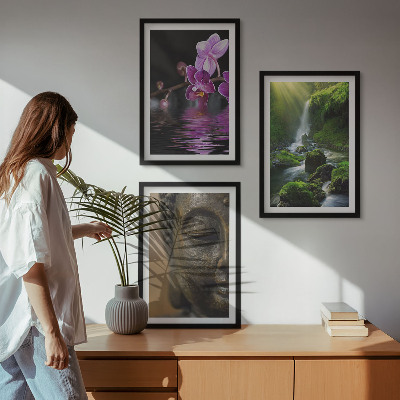 Tavelpaket med ramar Blommor vattenfall Buddha sten Zen