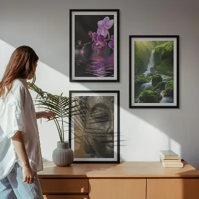 Tavelset med ramar motiv med blommor, vattenfall, Buddha och zenstenar