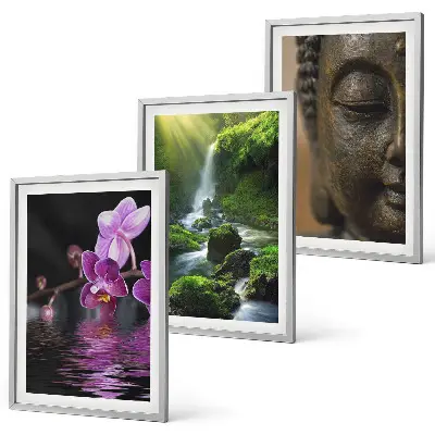 Tavelset med ramar motiv med blommor, vattenfall, Buddha och zenstenar