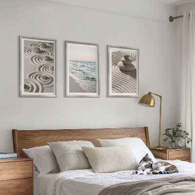 Set om 3 tavlor Vågor sand vatten stenar strand