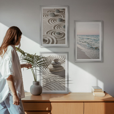Set om 3 tavlor Vågor sand vatten stenar strand