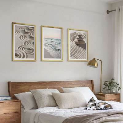 Set om 3 tavlor Vågor sand vatten stenar strand