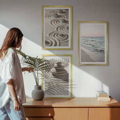 Set om 3 tavlor Vågor sand vatten stenar strand
