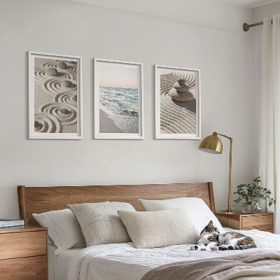 Set om 3 tavlor Vågor sand vatten stenar strand
