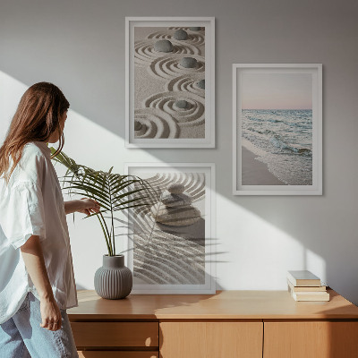 Set om 3 tavlor Vågor sand vatten stenar strand
