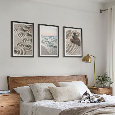 Set om 3 tavlor Vågor sand vatten stenar strand