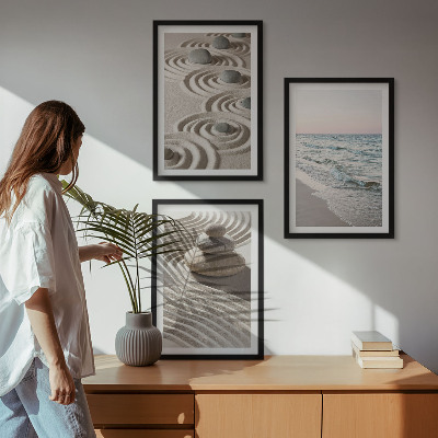 Set om 3 tavlor Vågor sand vatten stenar strand