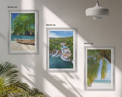 Tavelpaket med ramar Strand, båt, vattenfall, palmer