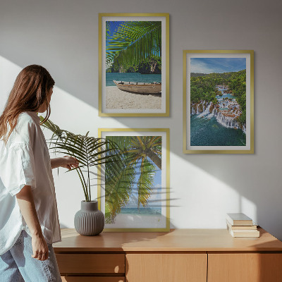 Tavelpaket med ramar Strand, båt, vattenfall, palmer