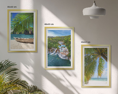 Tavelpaket med ramar Strand, båt, vattenfall, palmer