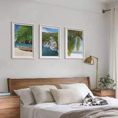 Tavelpaket med ramar Strand, båt, vattenfall, palmer