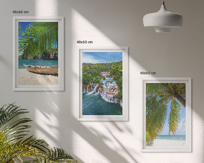 Tavelpaket med ramar Strand, båt, vattenfall, palmer