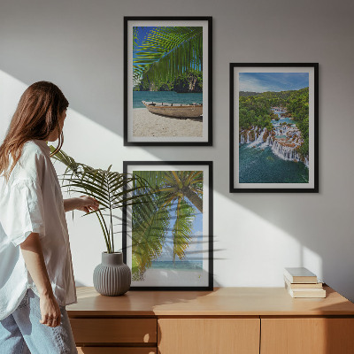 Tavelpaket med ramar Strand, båt, vattenfall, palmer
