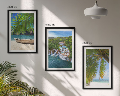 Tavelpaket med ramar Strand, båt, vattenfall, palmer