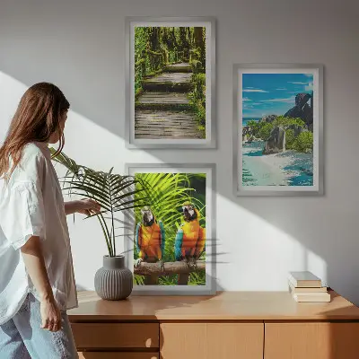 Tropisk skog med papegojor och vattenfall tavelset för väggen ovanför soffa
